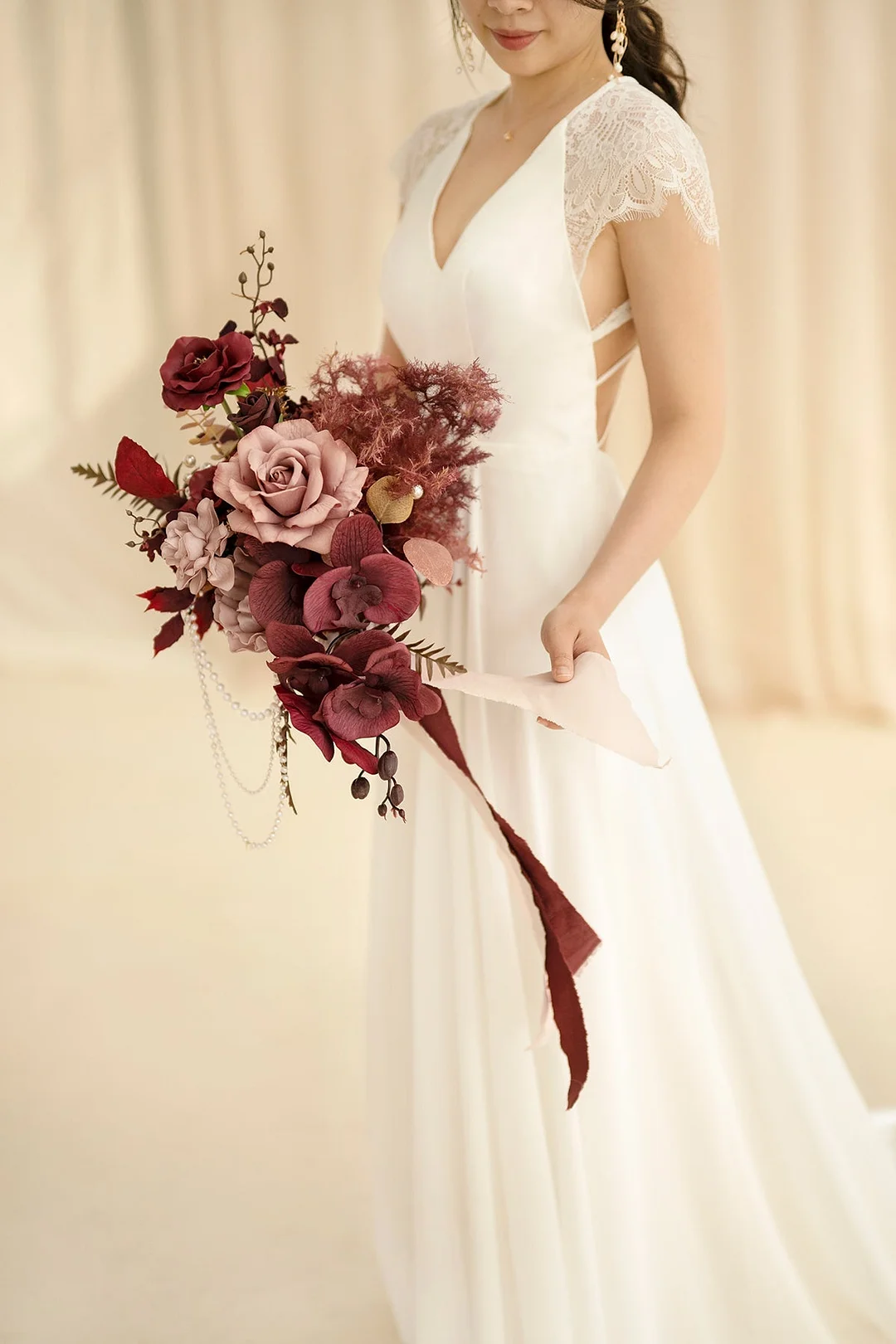 Standard Cascade Bridal Bouquet in Burgundy & Dusty Rose