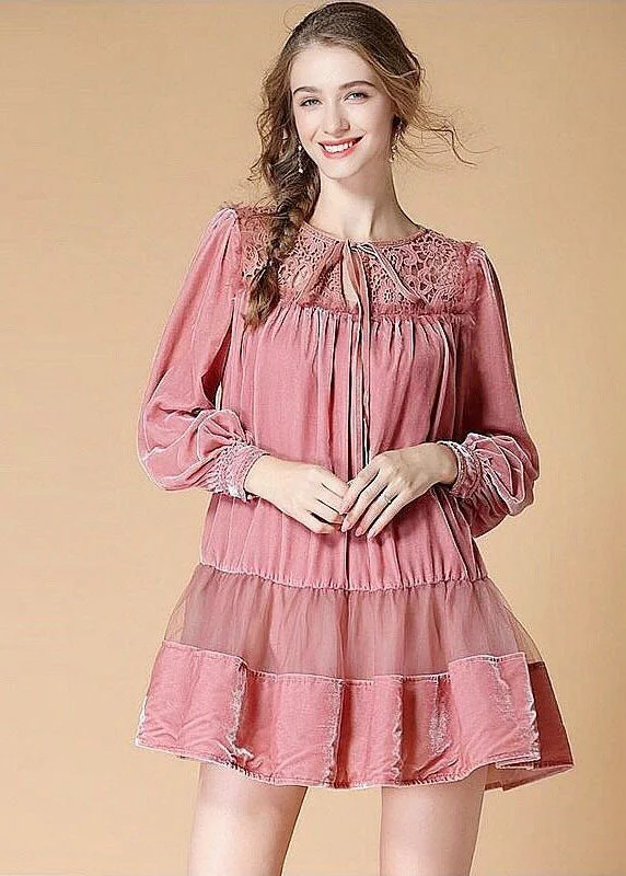 Beautiful Pink Embroideried Lace Up Patchwork Velour Dress Spring