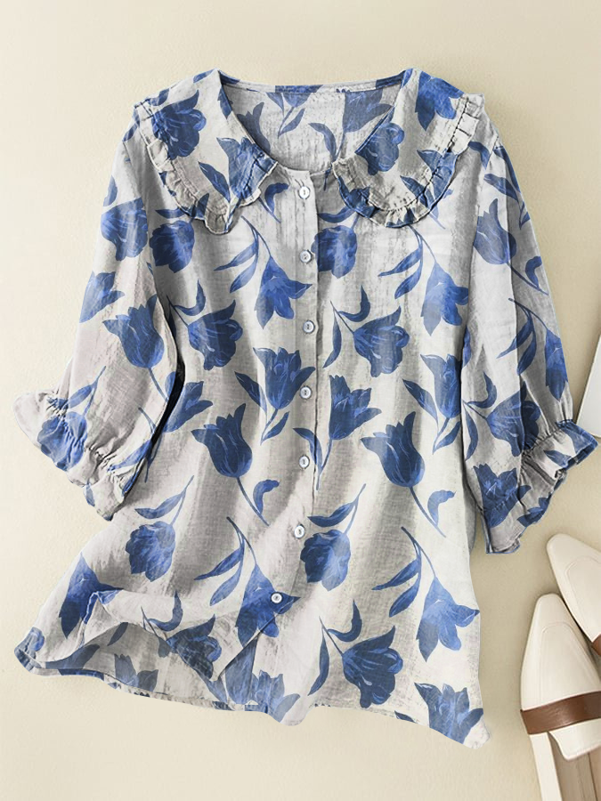 Casual Floral Cotton and Linen Peter Pan Ruffle Collar Shirt
