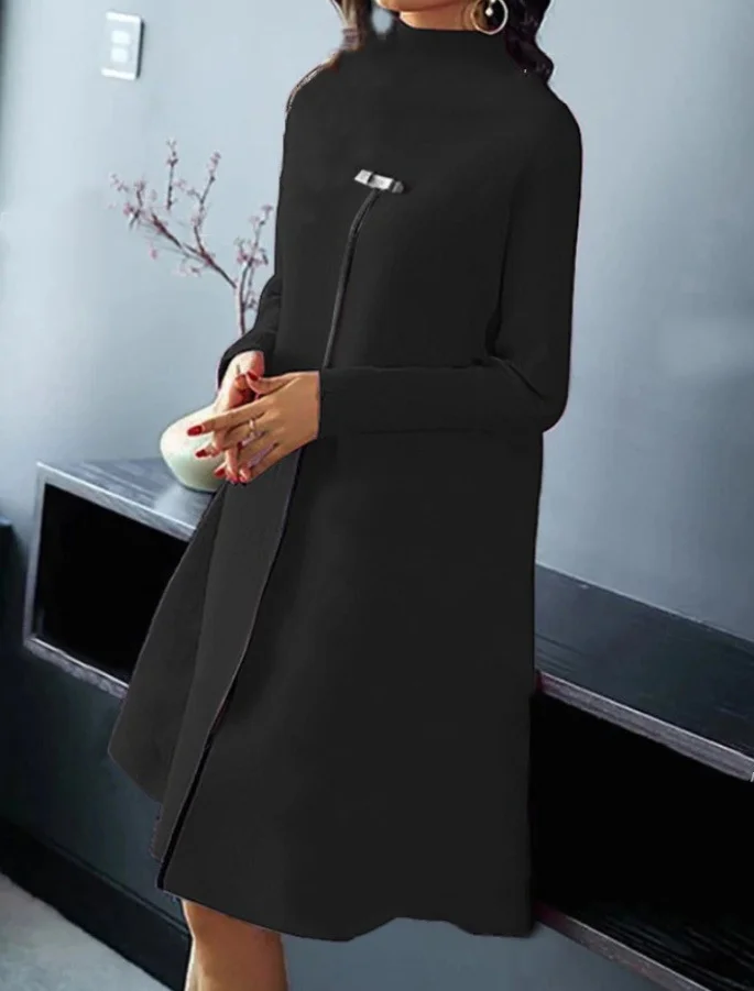 Mongw Mongw Women's Wear Temperament Elegant Solid Color Long-Sleeved High Collar Show Thin Large Hem Dress