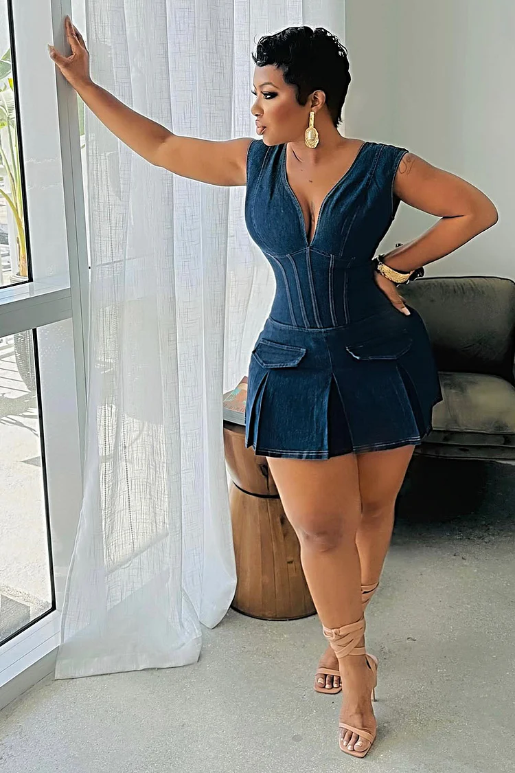 V Neck Sleeveless Corset Pleated Denim Mini Dresses-Blue [Pre Order]