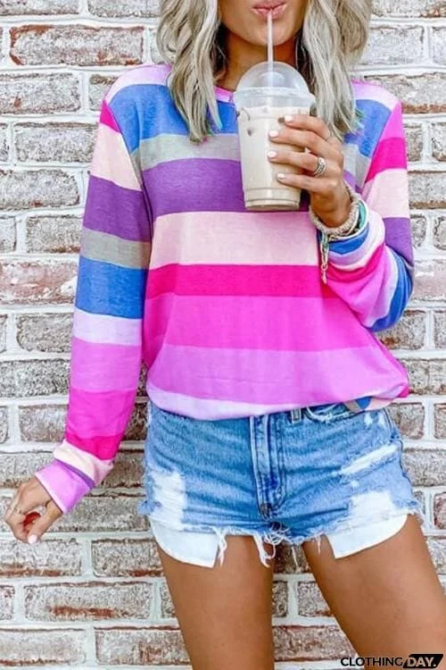 Rainbow Stripe O Neck Long Sleeve T Shirt