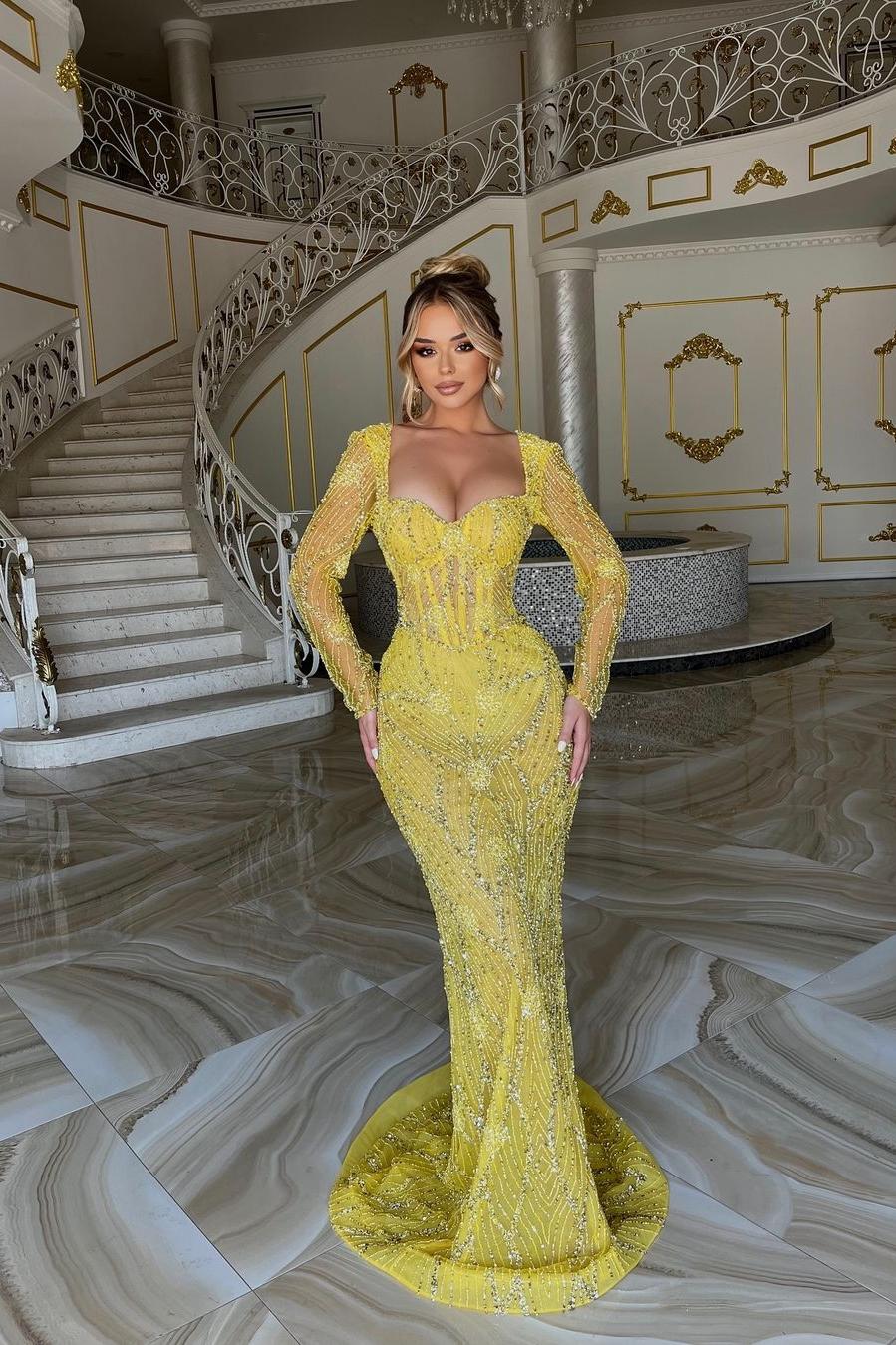 Lisliy Stunning Yellow Sequins Long Sleeves Sweetheart Mermaid Prom Dress with Beadings