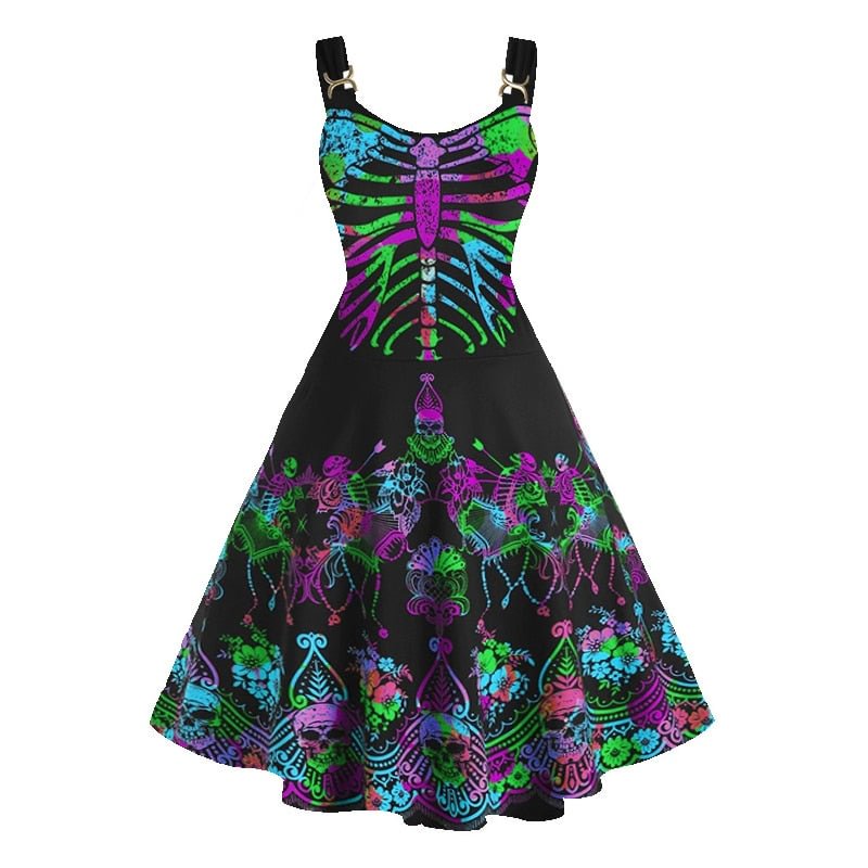 5XL Plus Size 2021 Halloween Goth Pumpkin Bat Print Costume Dress Sexy Midi O-Neck Lace Dress Fancy Horror Party Dress for Girl
