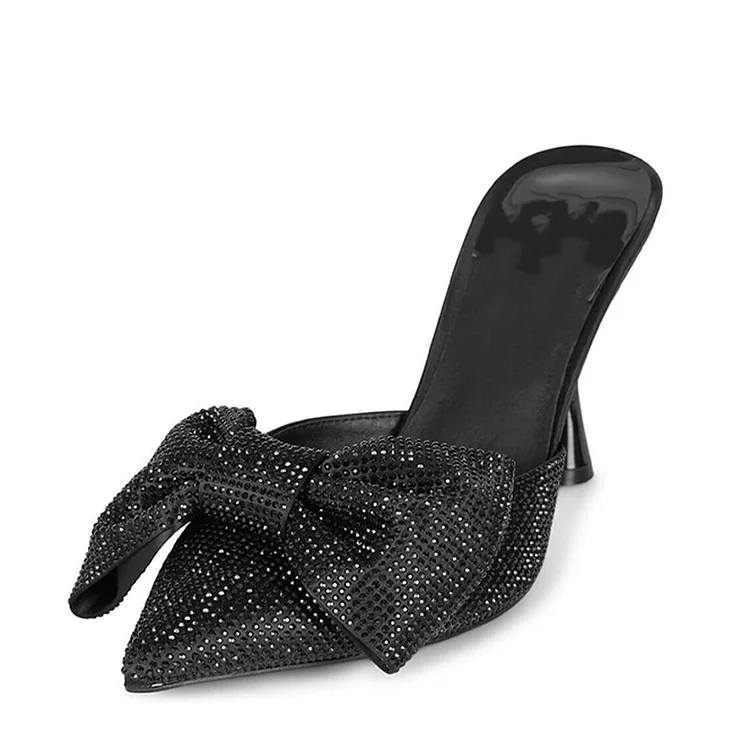 Black Rhinestones Stiletto Heel Shoes Women's Pointed Sexy Mule Evening Bow Pumps |FSJ Shoes