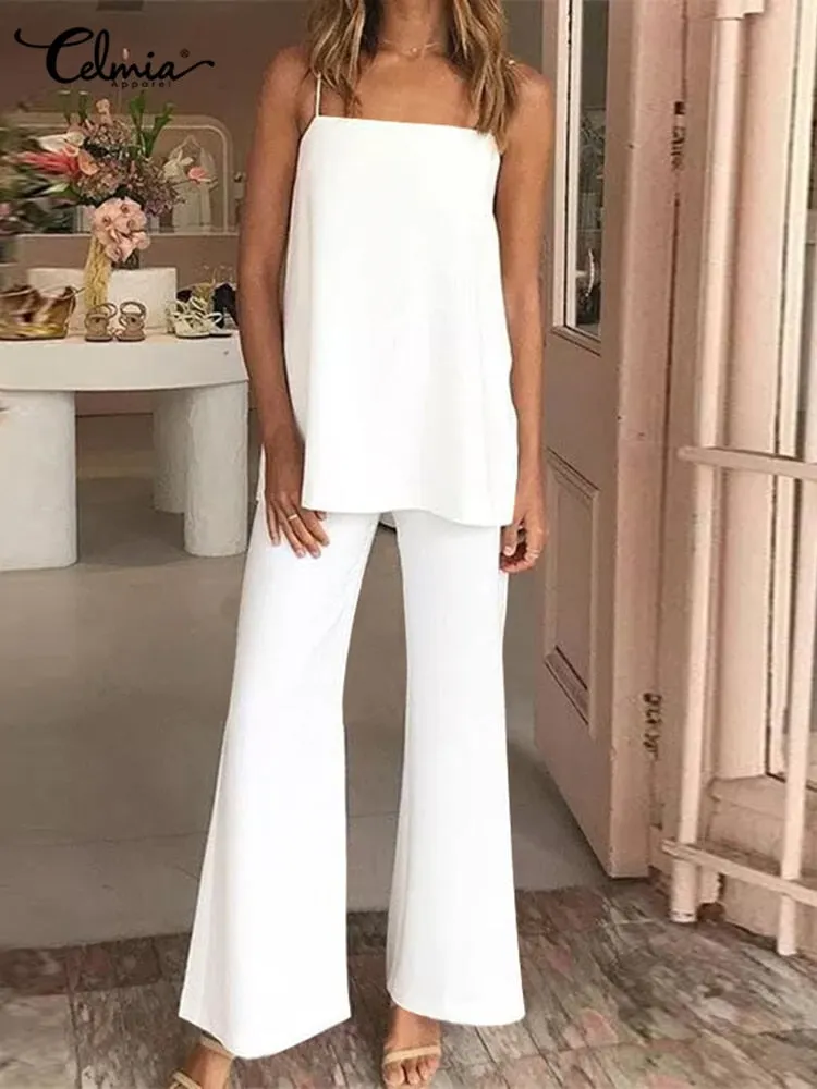 New Fashion Trousers Sets 2 PCS Celmia Women 2022 Sleeveless Straps Tops and Flared Pant Summer Sexy Solid Work Matching Suits