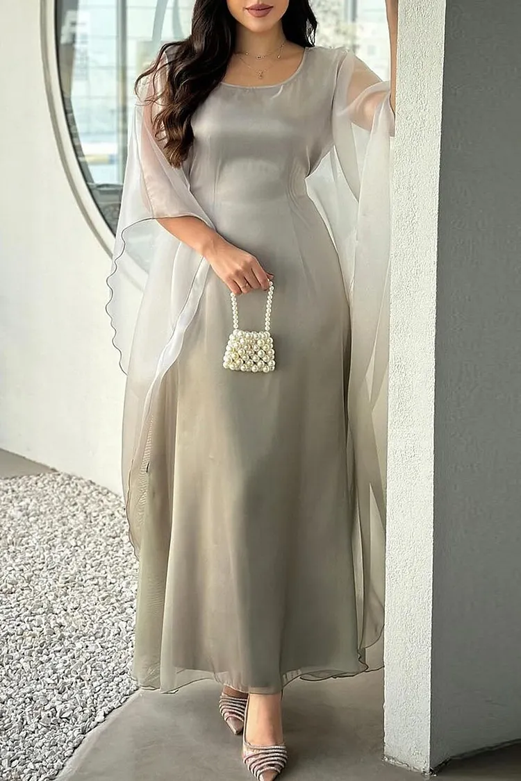 chinese dress ladies Isra Satin Batwing Butterfly Sleeves Kaftan Maxi Dress Abaya 816 -Sage Green main image 0