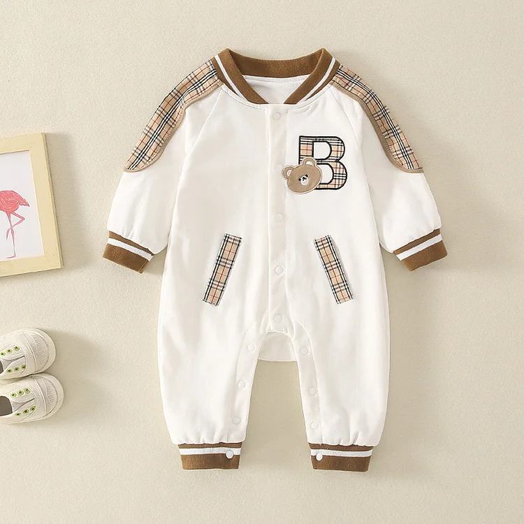Baby Girl & Boy Baseball Uniform Cute Bear Graphic Long Sleeve Romper
