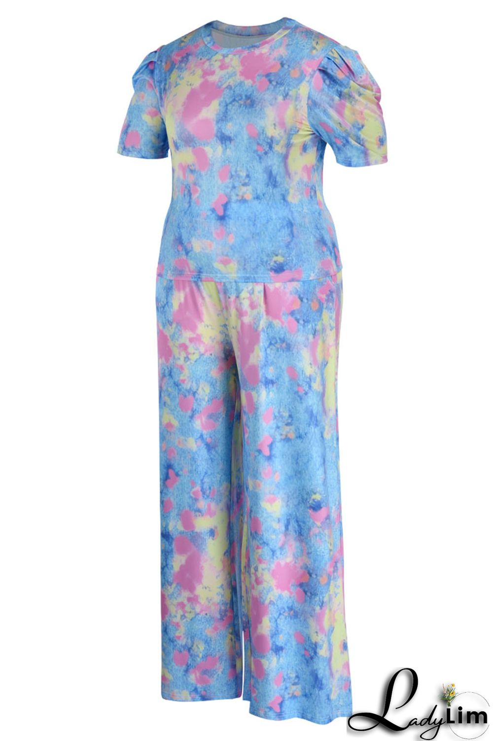 Cyanine Casual Print Patchwork O Neck Plus Size Two Pieces