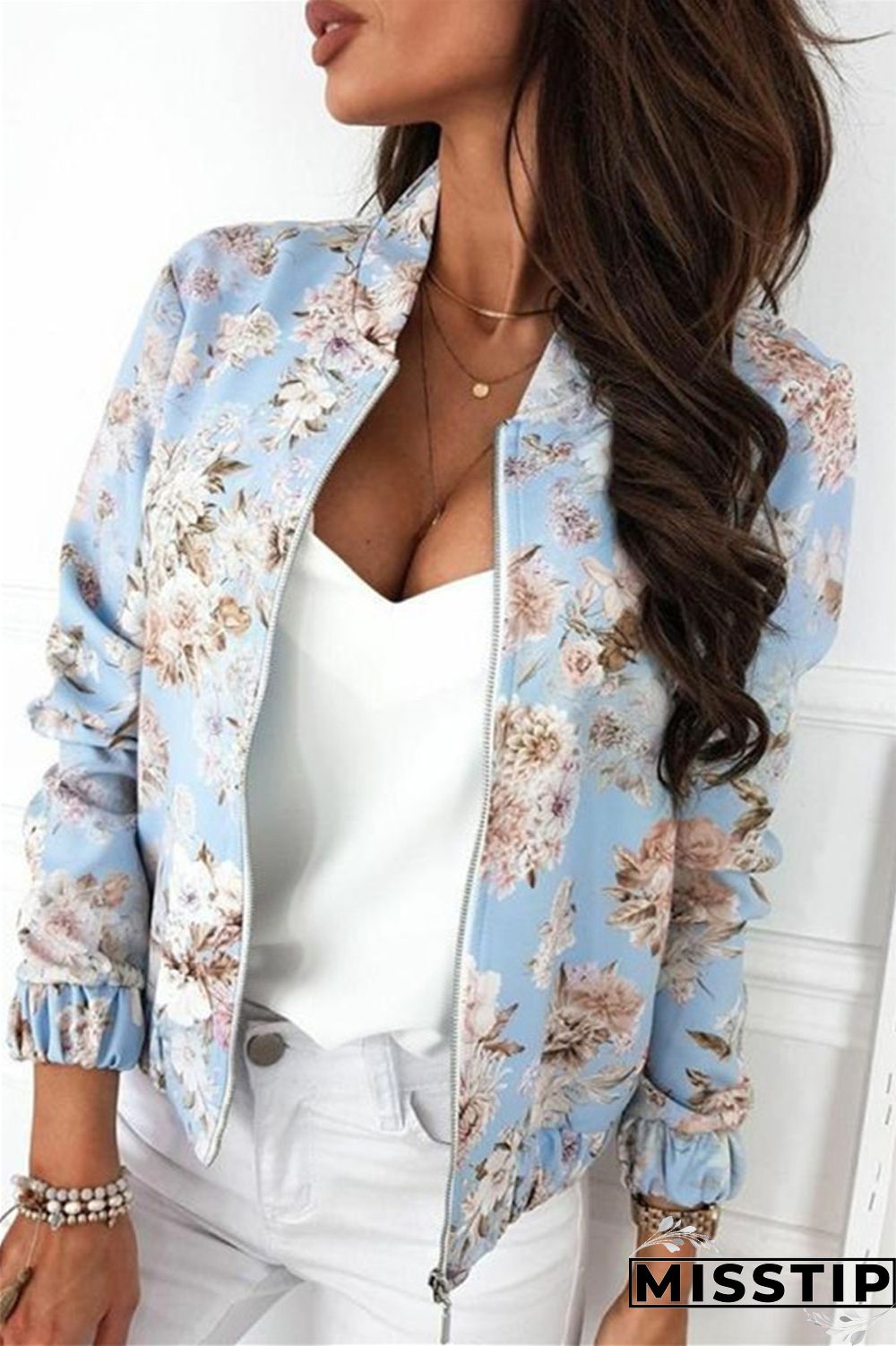 Blue White Casual Print Patchwork Cardigan Outerwear