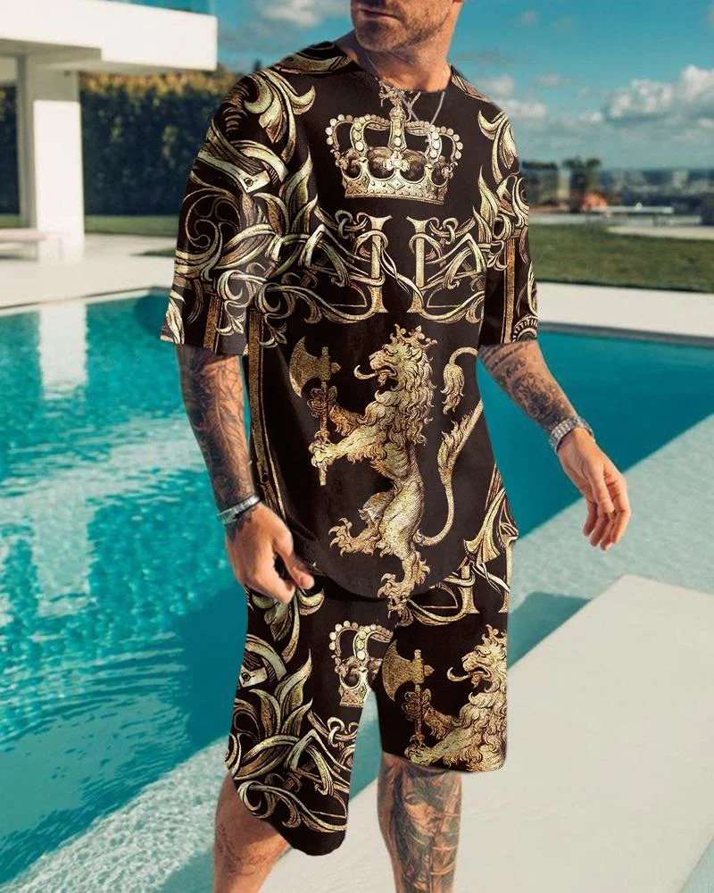 Men's Fashion Lion Printing with Gold  Shorts Suit