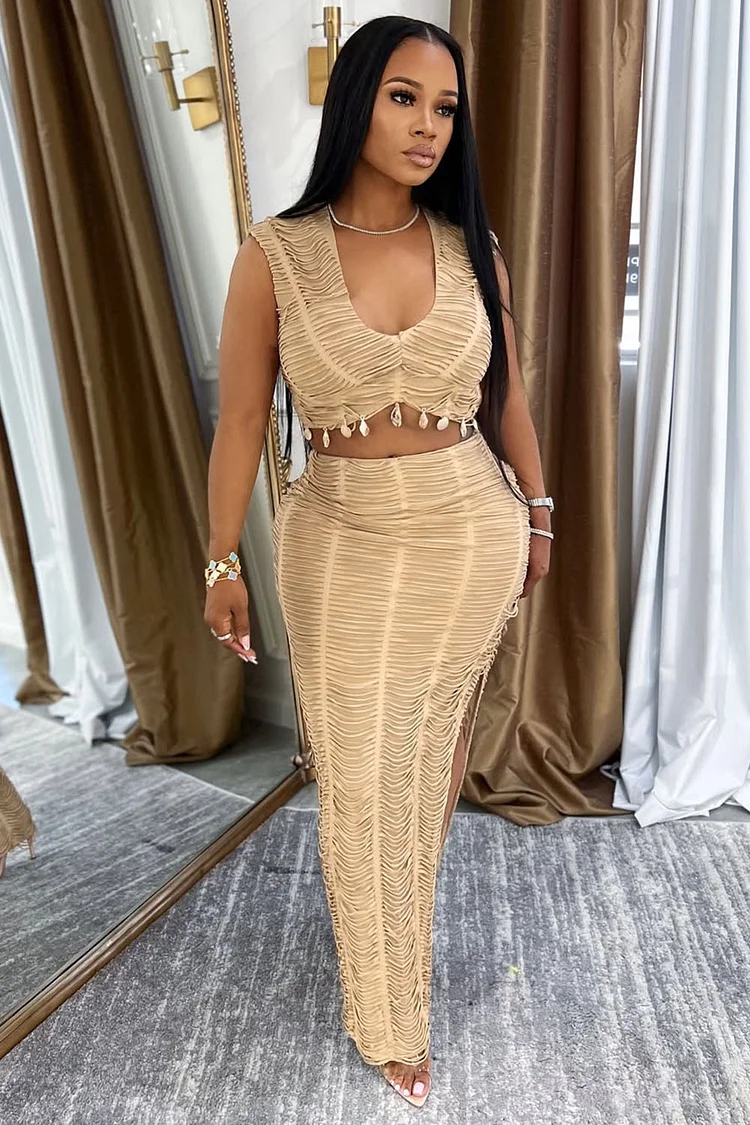 Fringe Vest Ruched Slim-Fit Maxi Skirt Knit Vacay 2pcs Set-Khaki [Pre Order]