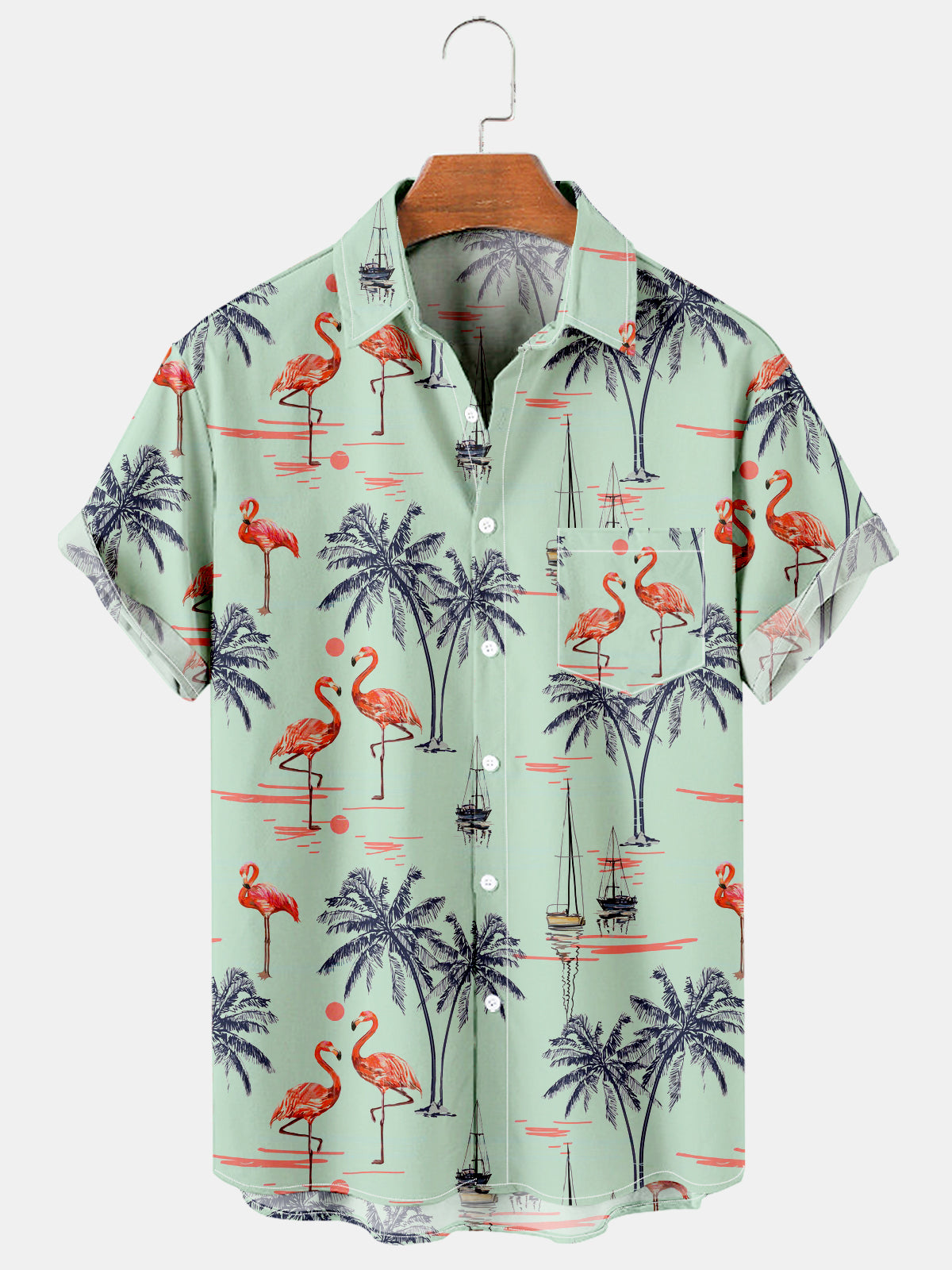 Men's Summer Vacation Resort Casual Coconut Flamingo Hawaiian Shirt with Pockets PLUSCLOTHESMAN