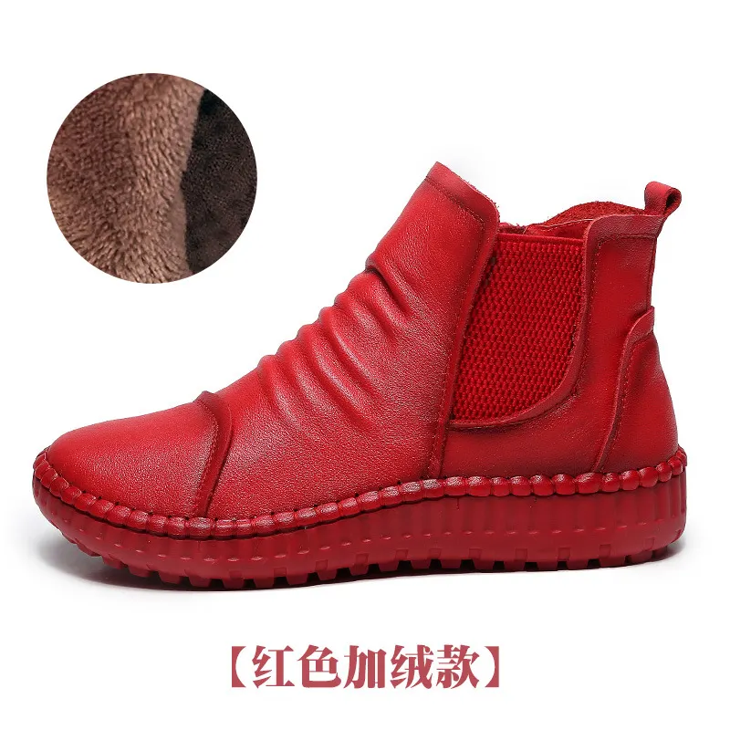 Yyvonne And Winter New Women's Shoes Winter Plus Velvet Leather Women's Boots Handmade Short Boots Women Flat Bottom Leisure Soft Bottom Boots
