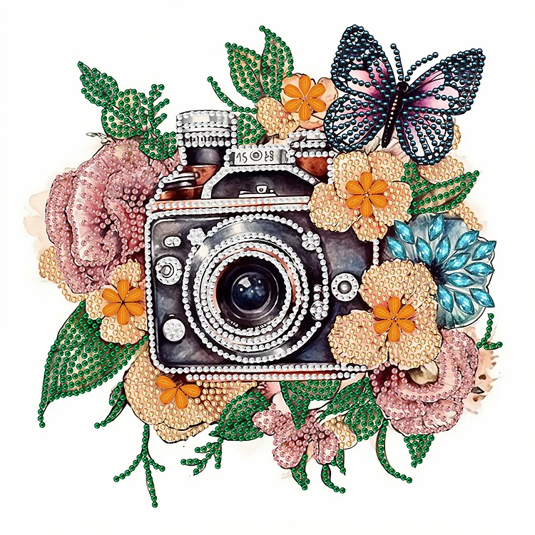 Butterfly Flower Nostalgic Camera 30*30CM(Canvas) Special Shaped Drill Diamond Painting gbfke