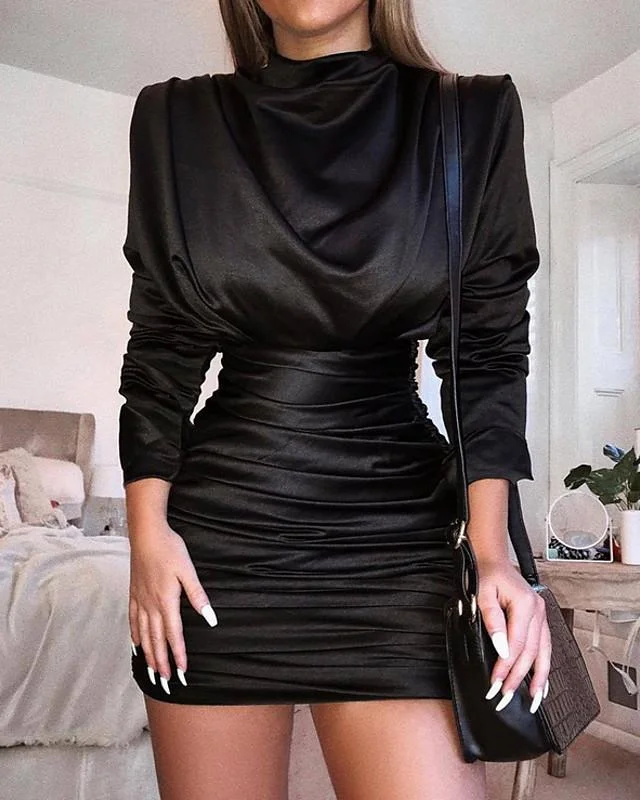 Women's Sheath Dress Short Mini Dress - Long Sleeve Solid Color Ruched Pleated Hot Sexy Party Batwing Sleeve Slim Black Red Royal Blue S M L XL-0219804