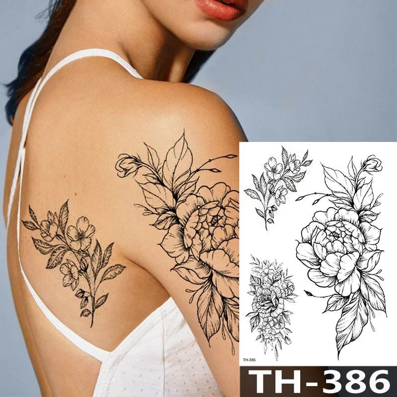 Rose Peony Flower Girls Temporary Tattoos For Women Waterproof Black Tattoo Stickers 3D Blossom Lady Shoulder DIY Tatoos