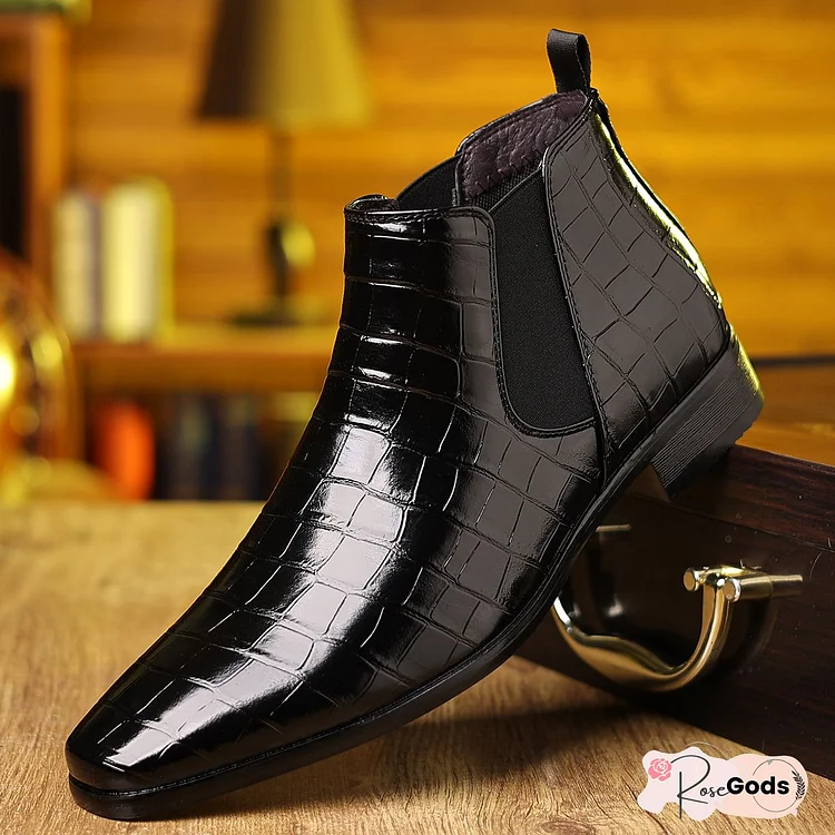 Men's Carved Pointed Toe Crocodile Chelsea Boots