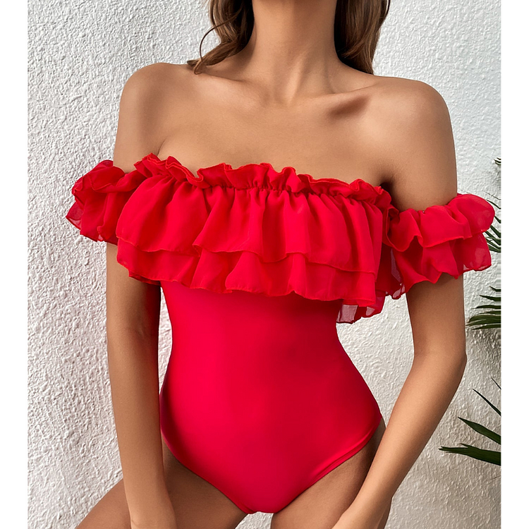 Ruffle Off Shoulder Red One Piece Swimsuit and Skirt Flaxmaker