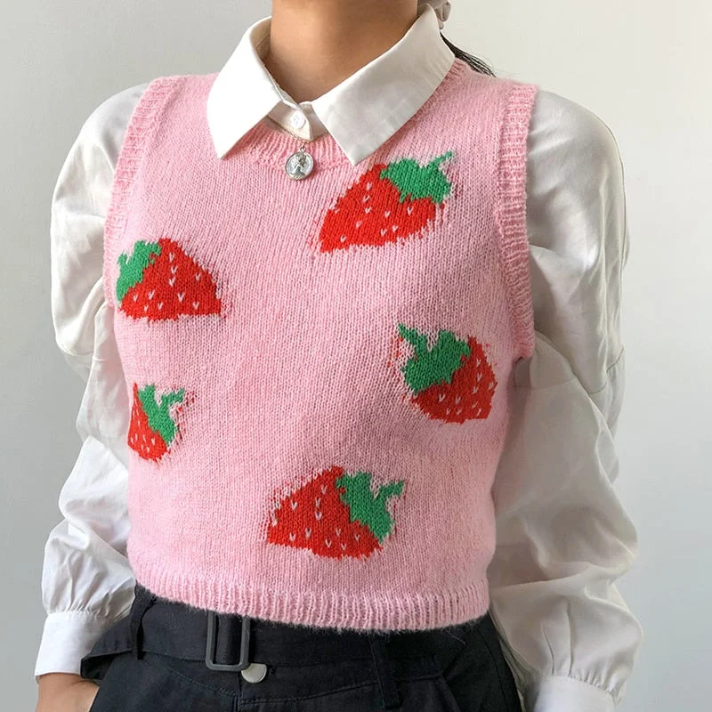 HEYounGIRL Pink Sweat Cute Sleeveless Sweater Vest Women Casual Autumn Strawberry Tank Knitted Crop Top Fashion Streetwear