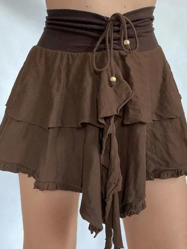 Brownm Lace Double Layer Mini Skirts