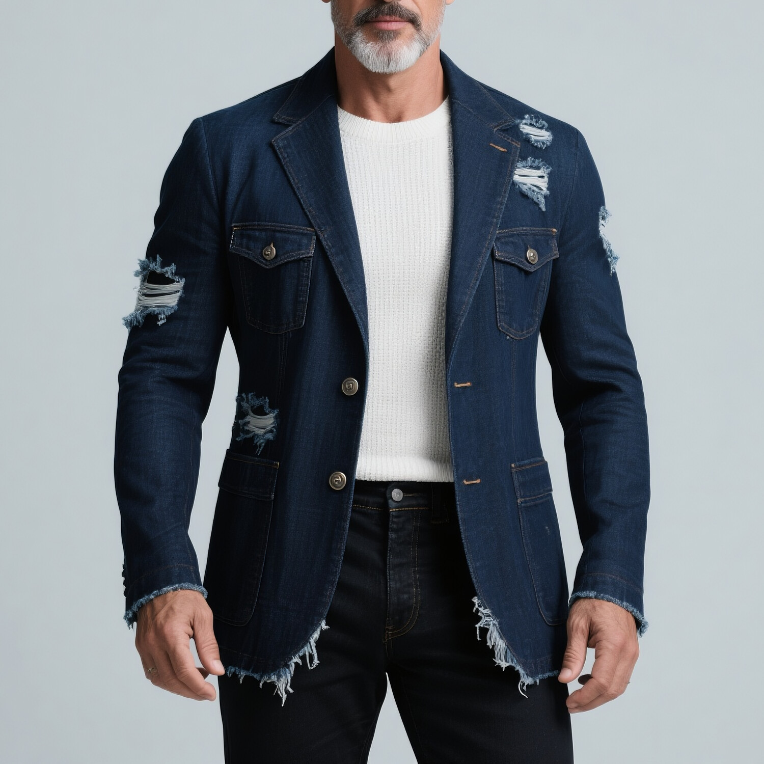 Men's Denim Ripped Raw Edge Notched Lapel Long Sleeve Flap Pockets Single Breasted Blazer