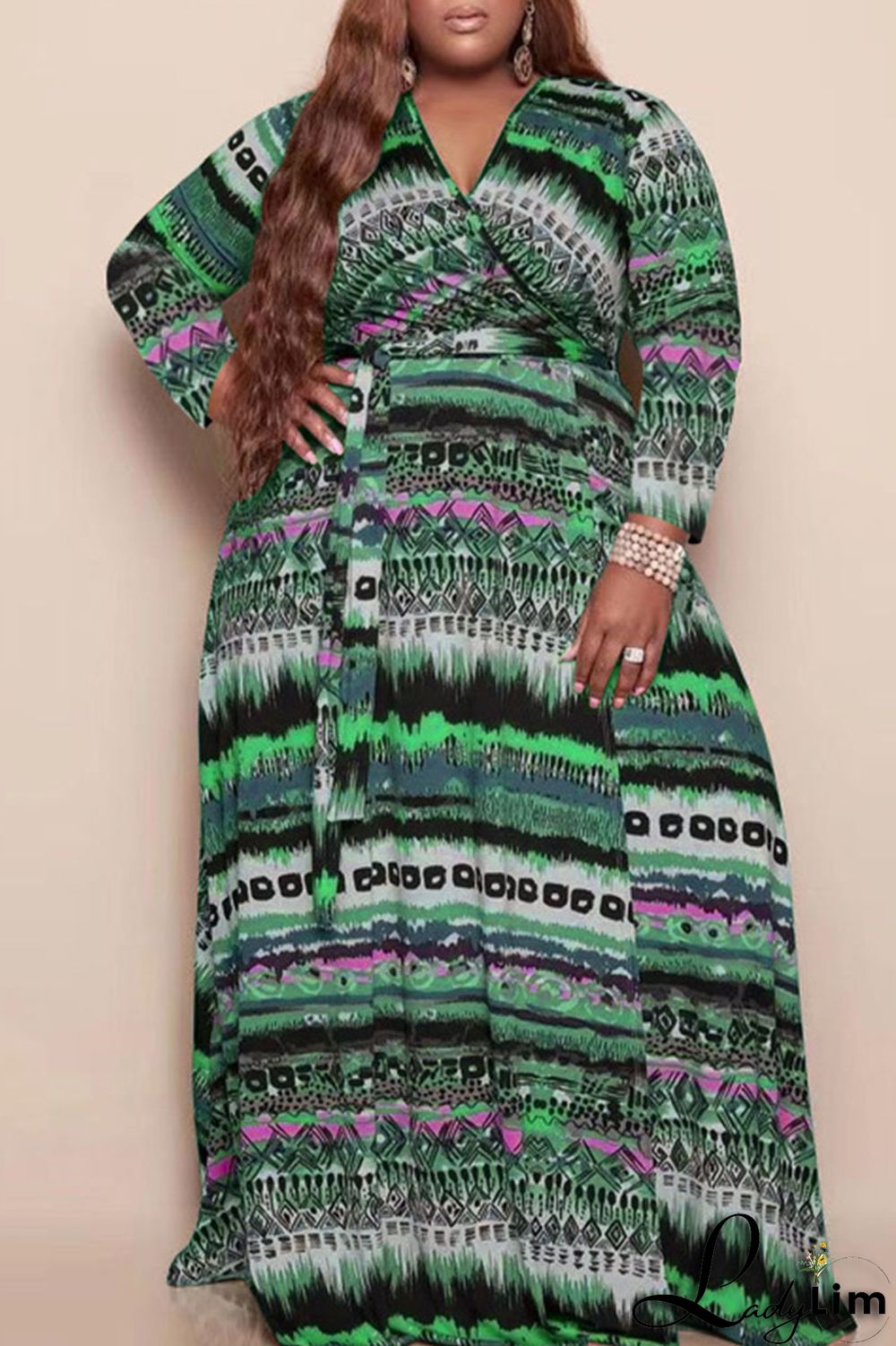 Yellow Casual Print Bandage Patchwork V Neck Long Sleeve Plus Size Dresses