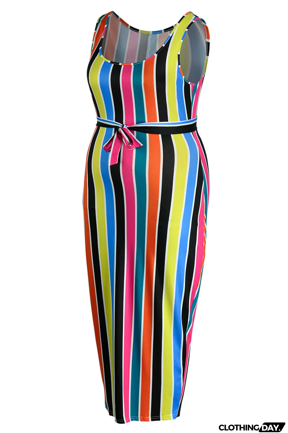 Colour Fashion Casual Plus Size Striped Print Basic O Neck Vest Dress