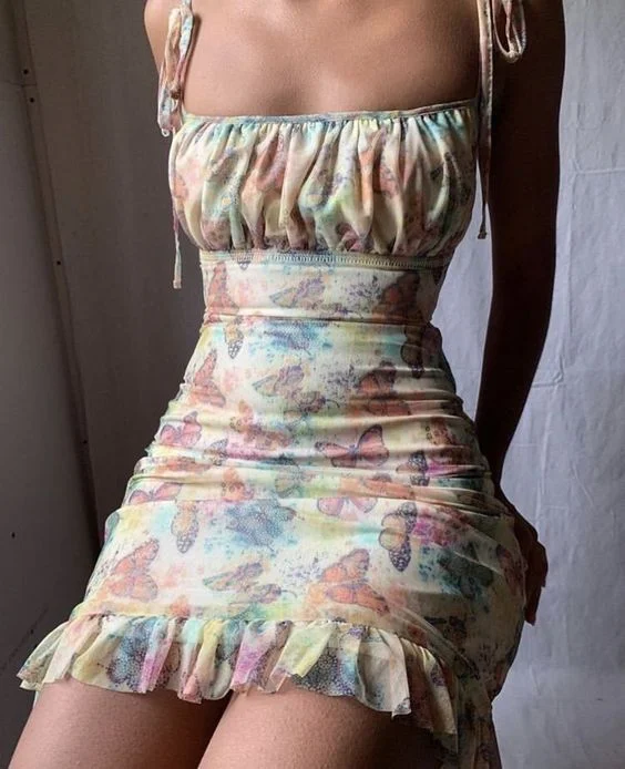 2020  Print Mini Dress Sexy Lace Up Ruffles Summer Dress Ruched Sleeveless Lady Dresses Bandage Bodyson Party Dresses