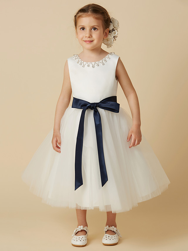 Beautiful Princess Sleeveless Jewel Flower Girl Dresses Satin Tulle With Sash Ribbon Beading - lulusllly