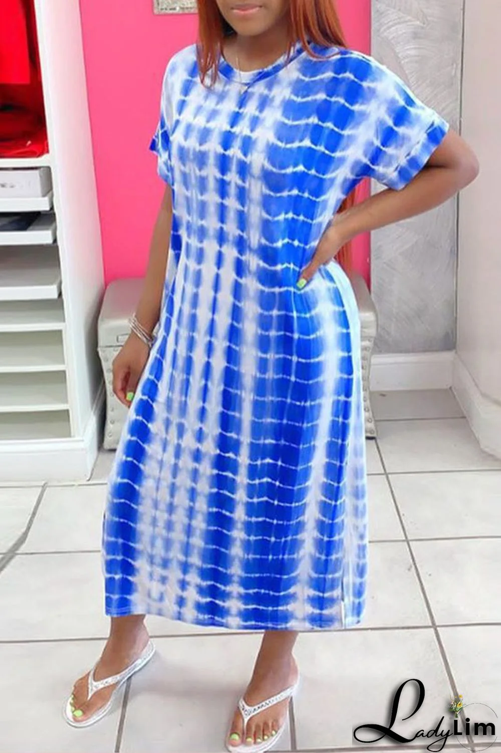 Blue Fashion Casual Print Slit O Neck Short Sleeve Dress Dresses