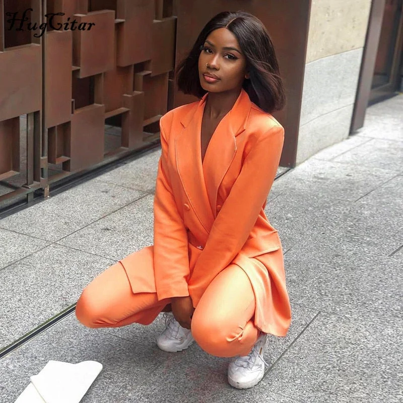 Hugcitar 2021 long sleeve slim blazer dress autumn winter women fashion pure orange streetwear outfits windbreak