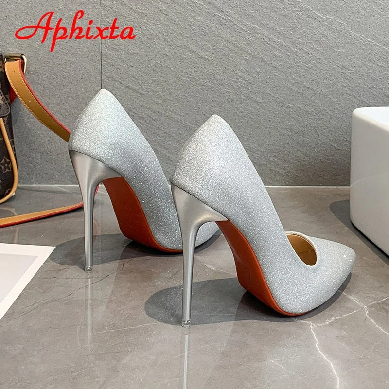 Aphixta 12cm Super High Stiletto Heels Pumps Women Shoes Bling Sequined Leather Pointed Toe Wedding Dress Thin Heel Shoes Woman