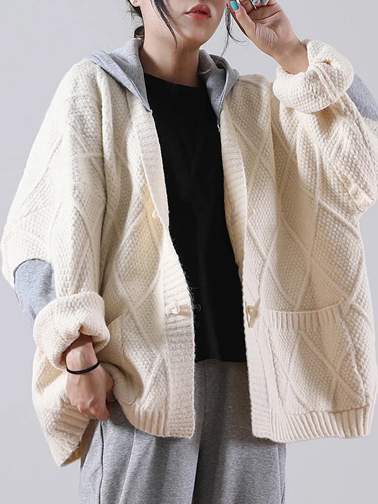 Plus Size - Hooded Knitted Pocket Patchwork Sweater Coat