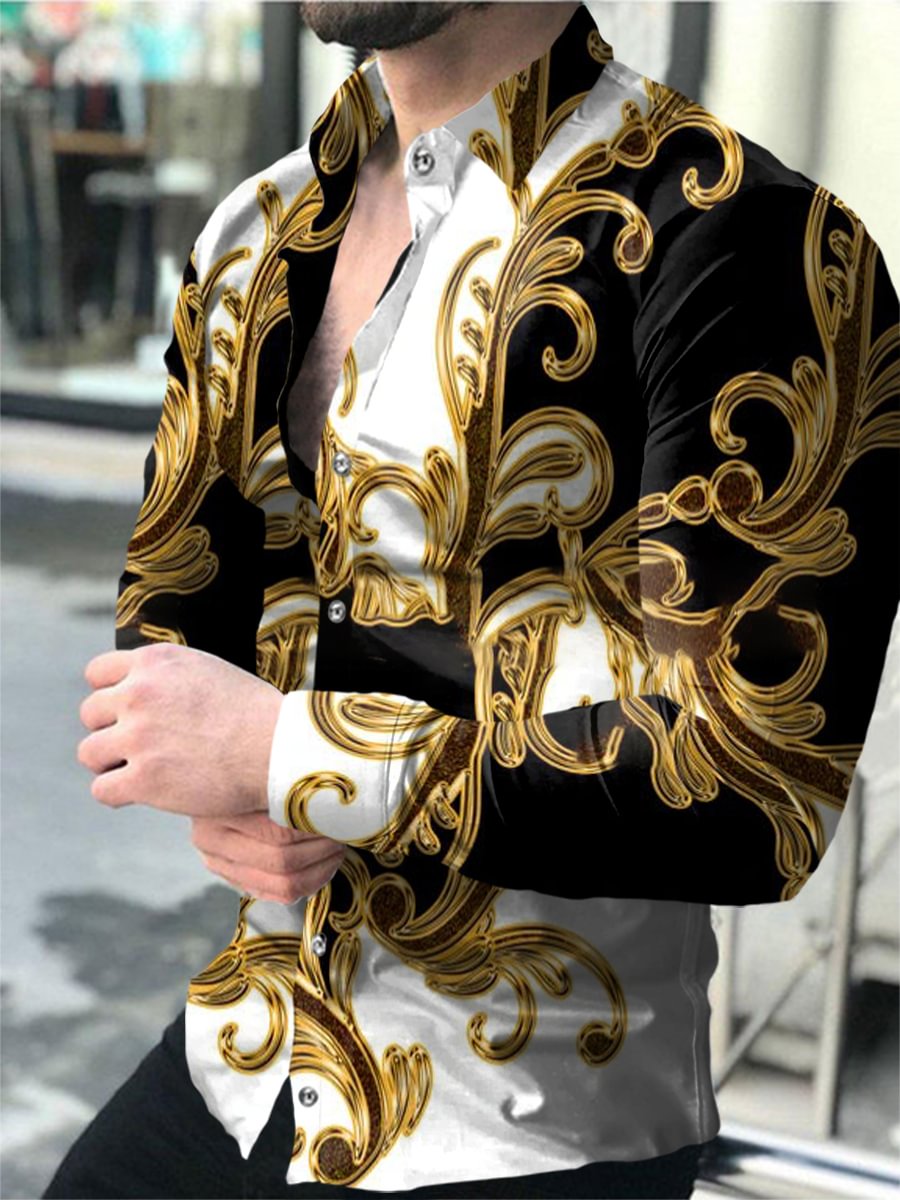Casual Black and White Abstract Pattern Printed Long Sleeve Men's Shirt