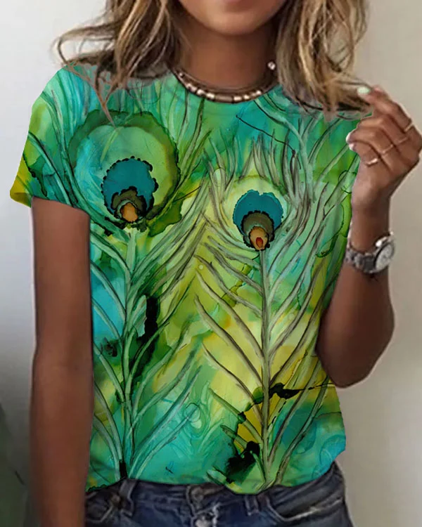 Women's Peacock Pattern Crew Neck T-shirt