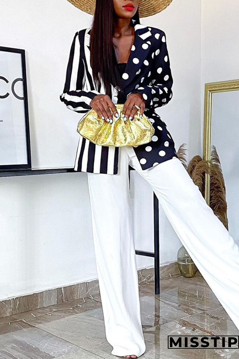 Black And White Fashion Casual Print Patchwork Turndown Collar Outerwear