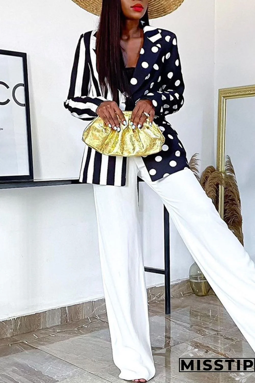 Black And White Fashion Casual Print Patchwork Turndown Collar Outerwear