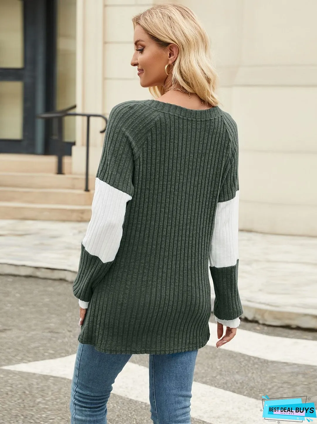 Color Block V-Neck Long Sleeve T-Shirt