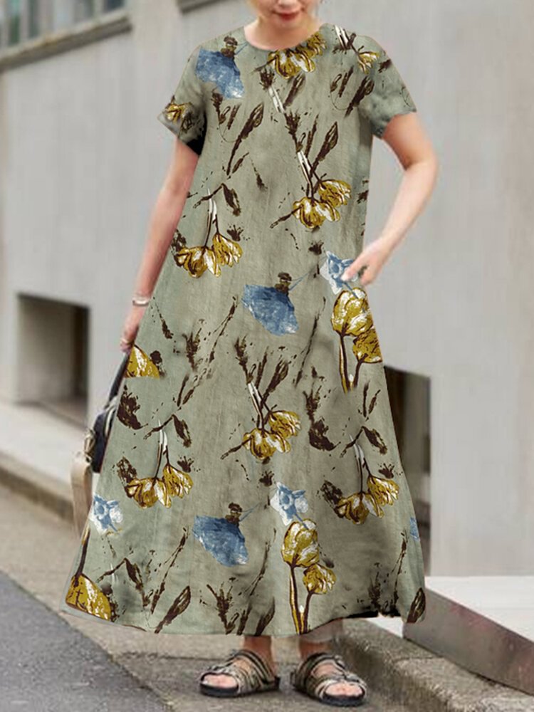 Flower Print Pocket Short Sleeve Crew Neck A-line Maxi Dress - Shop Trendy Women's Clothing | LoverChic
