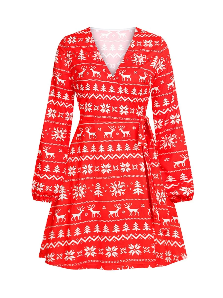 Christmas Dress For Women V-neck Printed Lace-up Long Sleeve Swing Dress