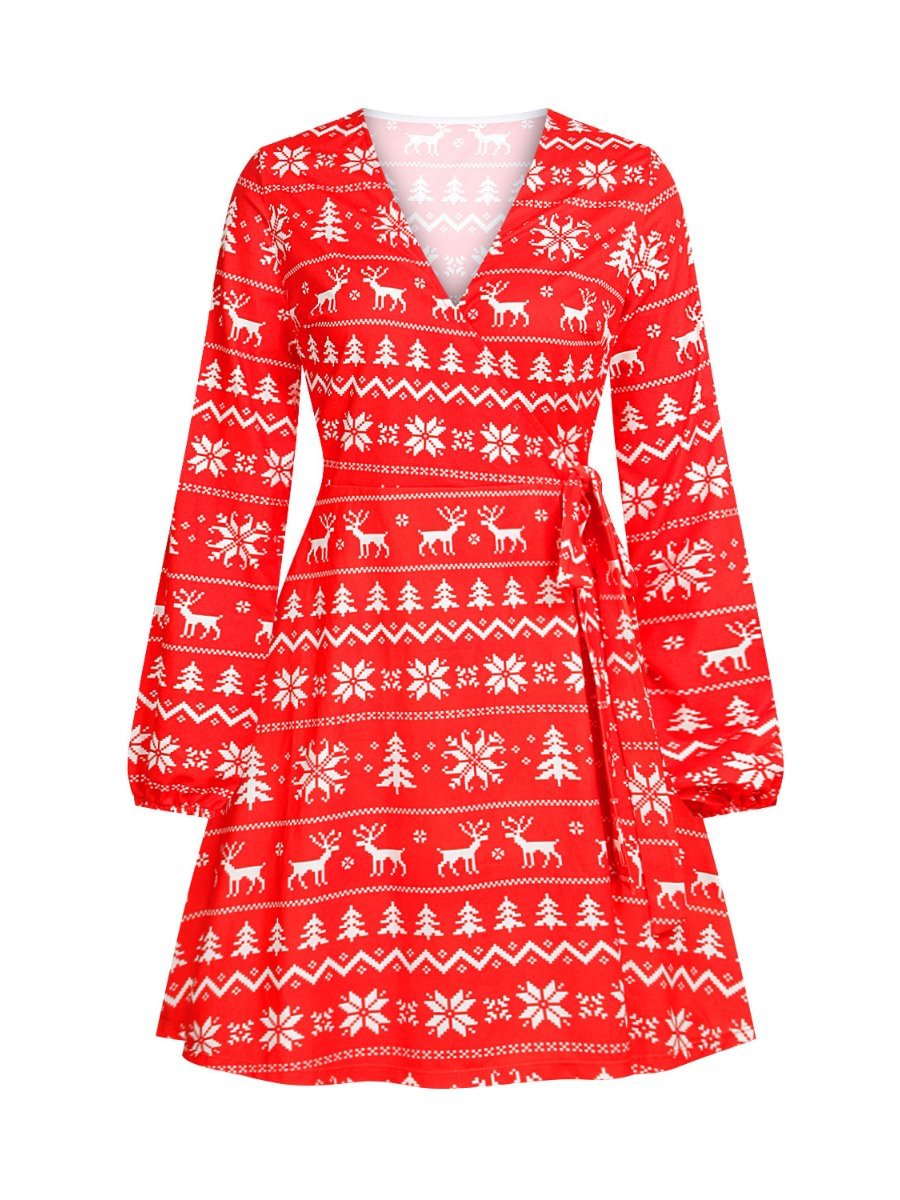 Christmas Dress For Women V-neck Printed Lace-up Long Sleeve Swing Dress