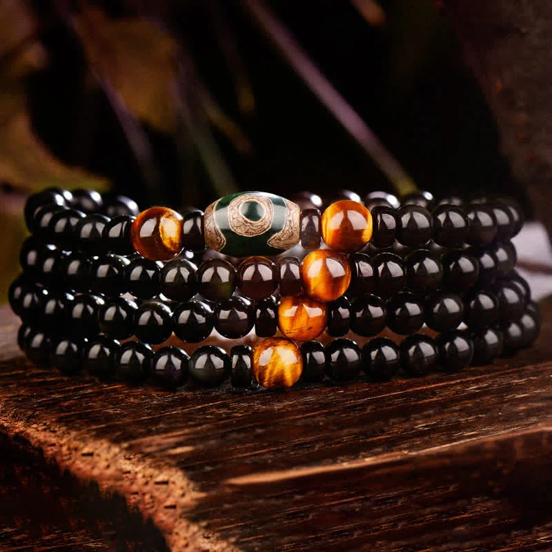 Black Obsidian Dzi Bead Tiger Eye Agate Healing 108 Beads Mala Bracelet