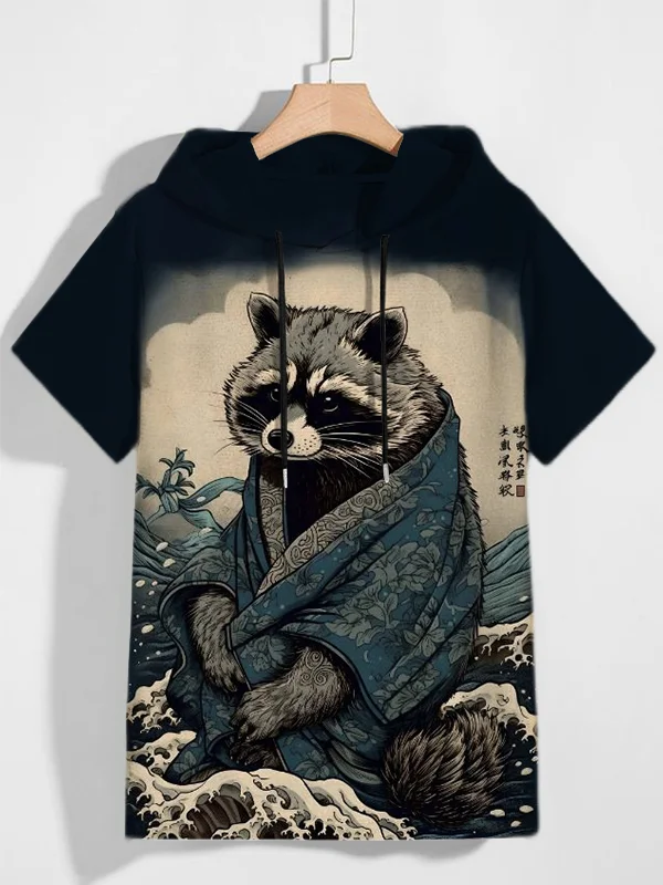 Men's Japanese Art Sea Wave Raccoon Print Casual Hooded T-Shirt