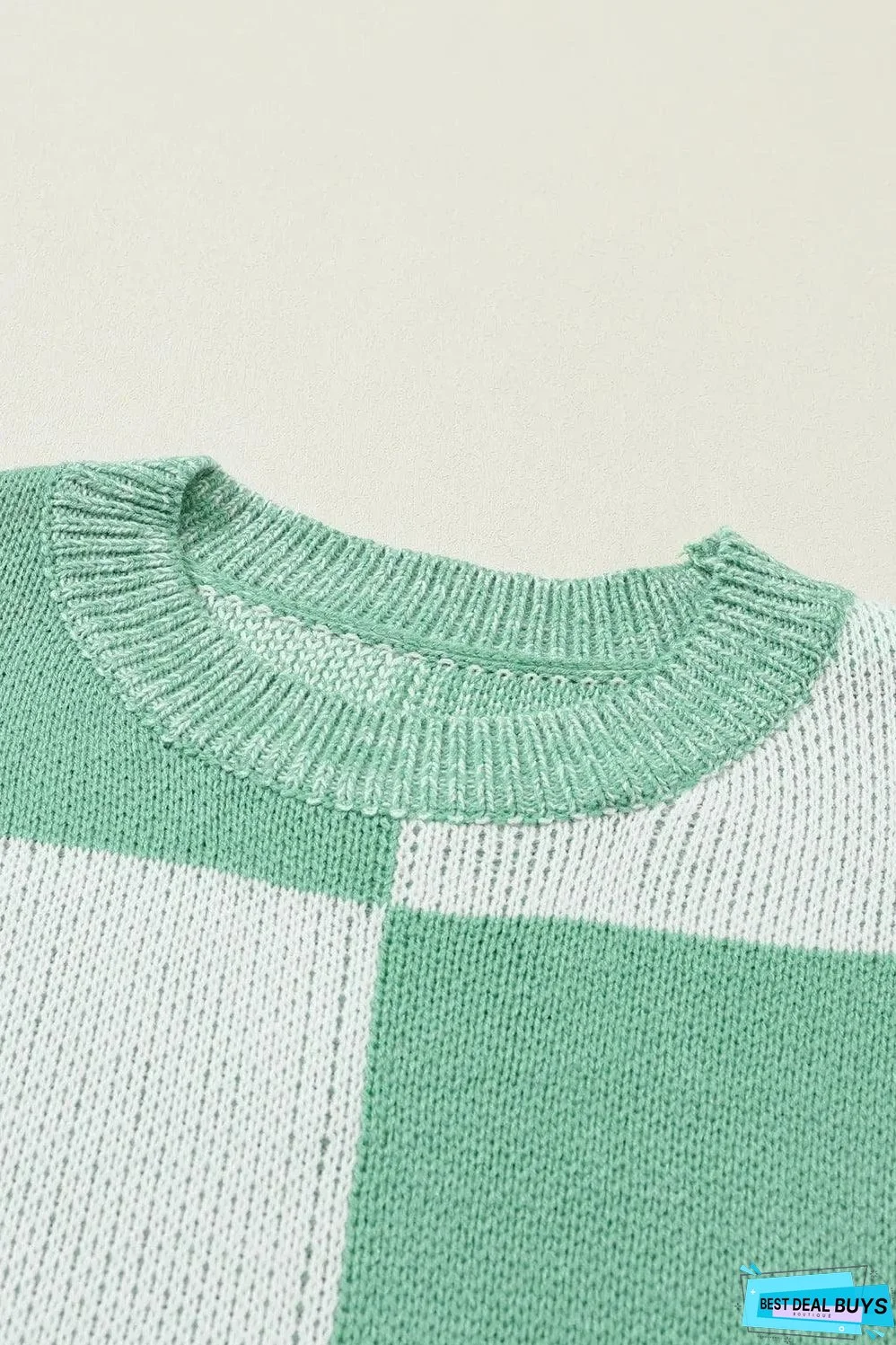 Mint Green Checkered Print Drop Shoulder Sweater