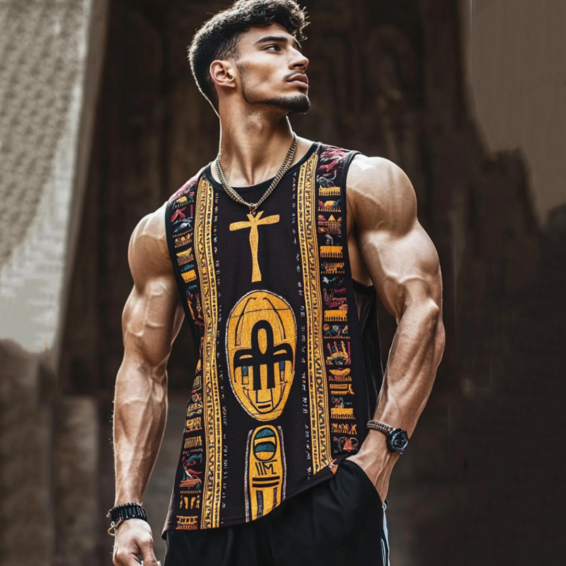 Men's Vintage Egyptian Embroidered Casual Linen Tank