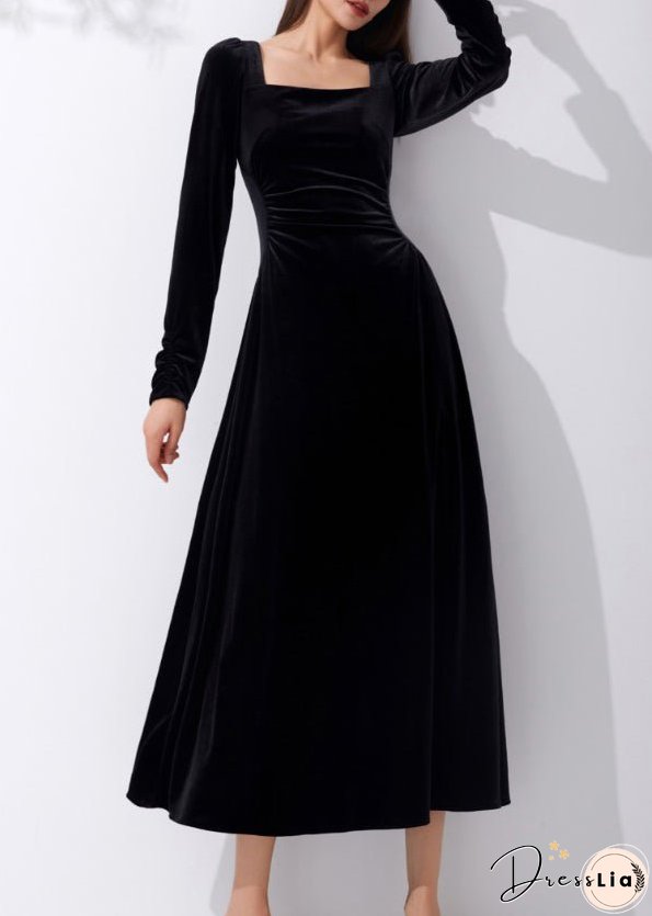 Slim Fit Black Square Collar High Waist Velour Dress Fall