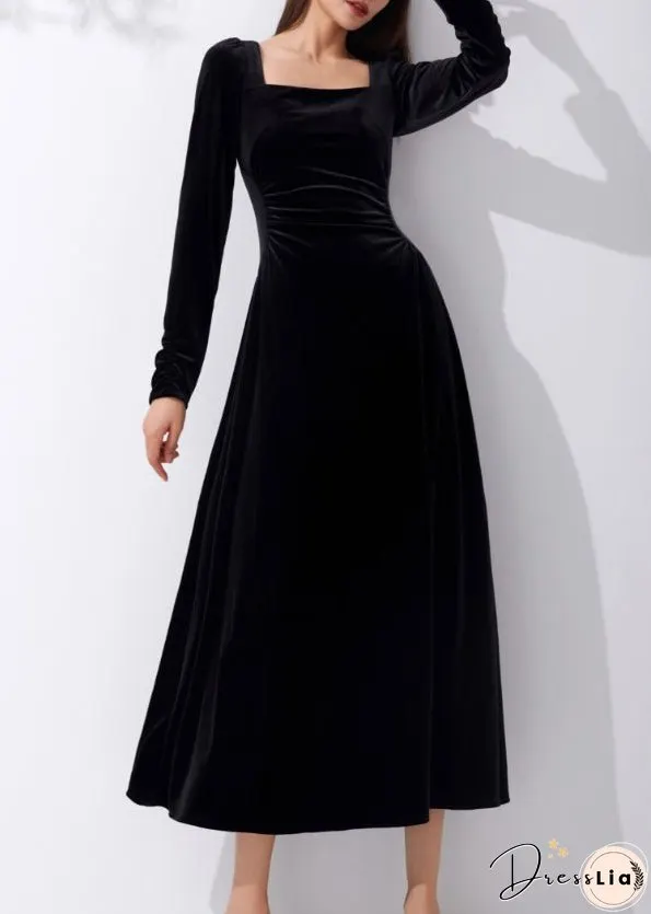 Slim Fit Black Square Collar High Waist Velour Dress Fall