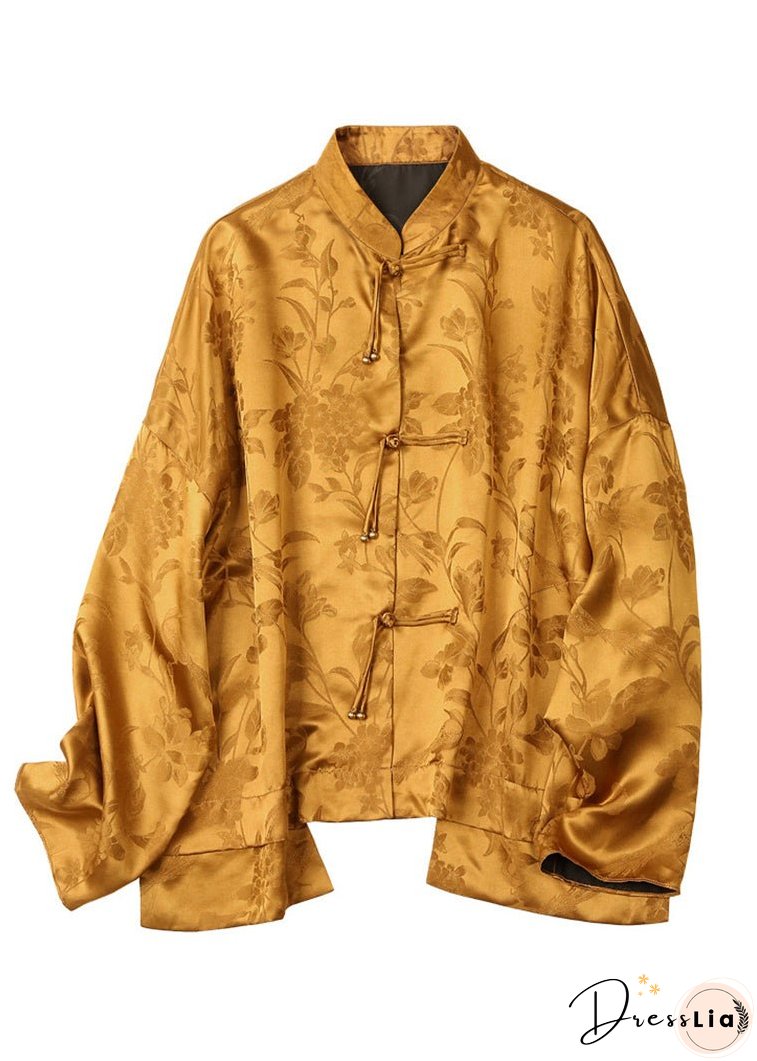 Vintage Yellow Mandarin Collar Button asymmetrical design Jacquard Silk Top Long sleeve
