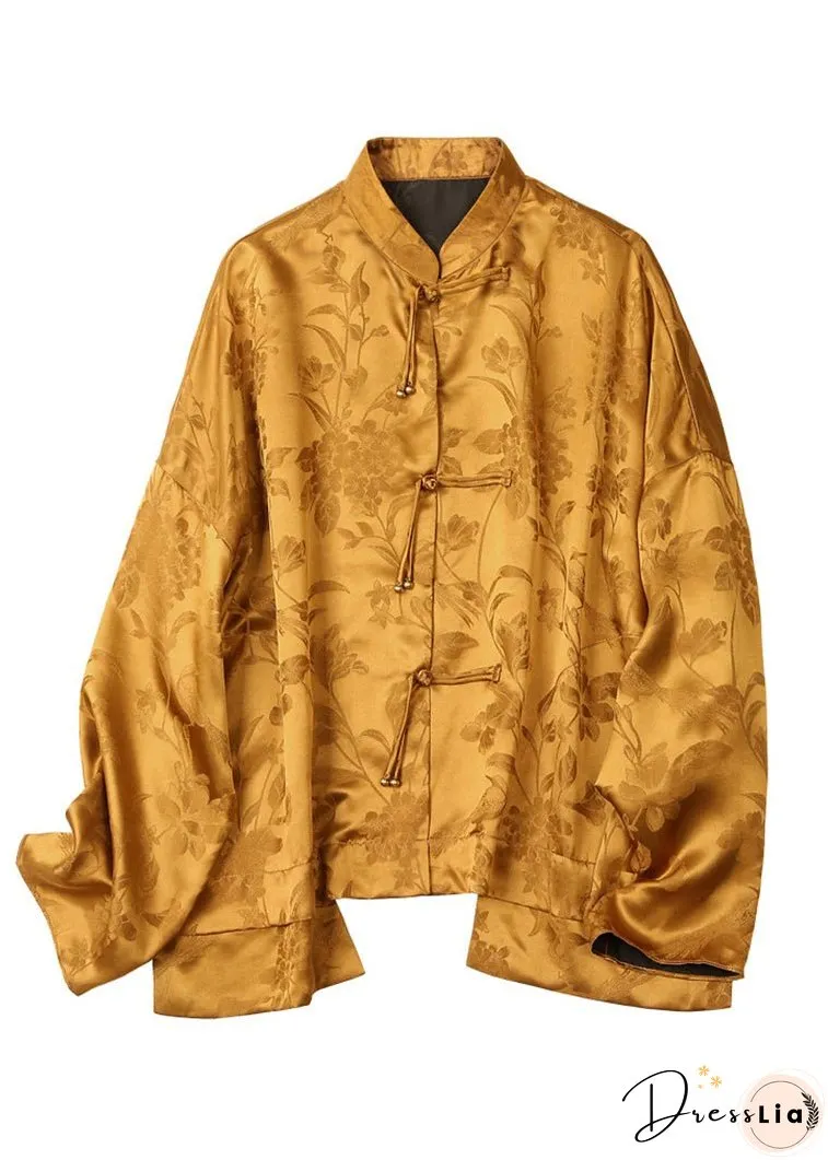 Vintage Yellow Mandarin Collar Button asymmetrical design Jacquard Silk Top Long sleeve